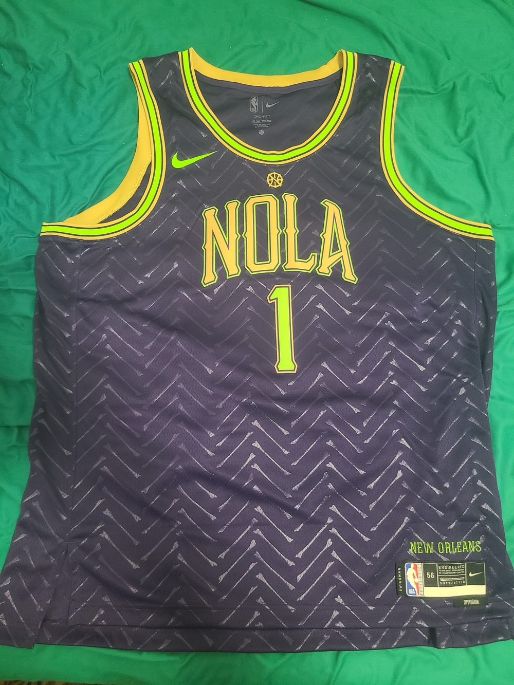 Nike Zion Williamson New Orleans NOLA #1 Jersey in Purple and Neon Green XXL